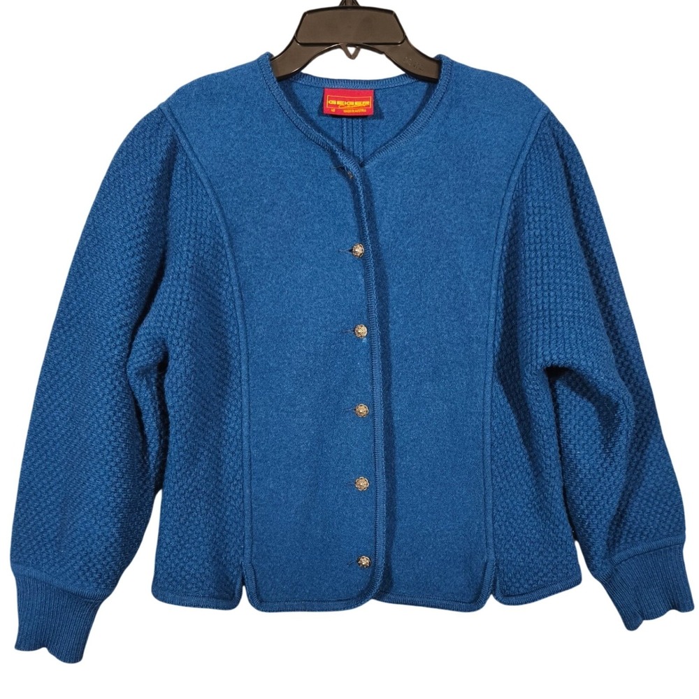 Geiger Collection Blue Boiled Wool Cardigan Sweater Austria Floral Buttons Sz 40